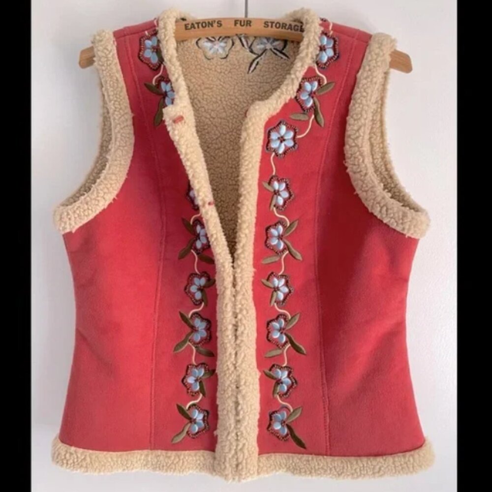 Sherpa Lined Vegan Suede Boho Vest with Floral Embroidery - Size S